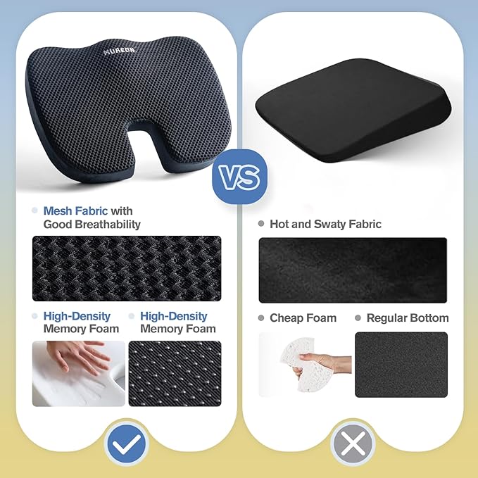 Mureon Seat Cushion for Office Chairs, Large Memory Foam Cushion for Car, Pressure Relief Ergonomic Chair Cushion with Non-Slip Cover for Soft Support for Hip All Day Comfort - Black