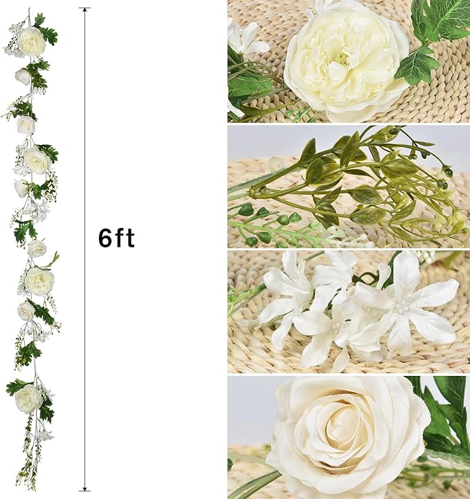 DearHouse Artificial Peony Flower Garland - 6ft/Strand Silk Peony Garland with Pink Flowers for Wedding Party Table Decoration,White