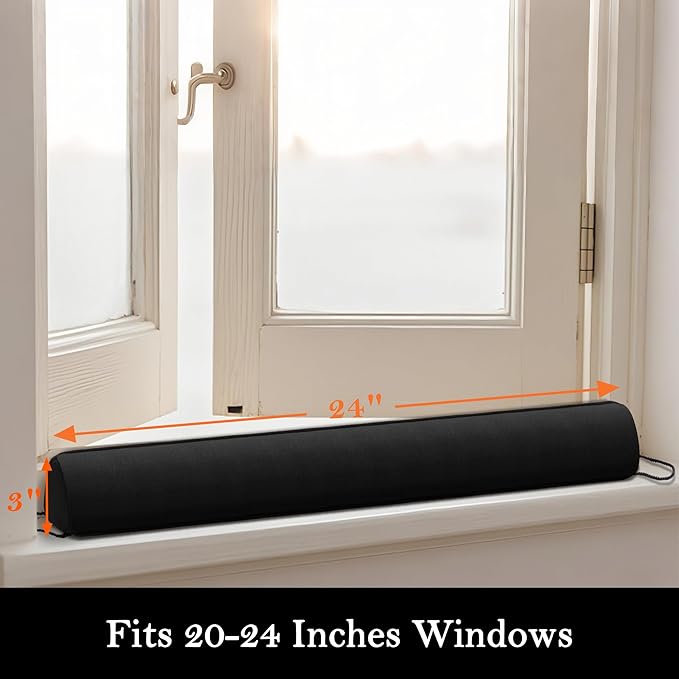 Sunolga Door Draft Stopper Blocks Hot and Cold Air with Removable Washable Cover for Bottom of Door and Window, All-Season Seal for Wind, Noise, Seal for Gaps Up to 3", Home Essentials, 24", Black