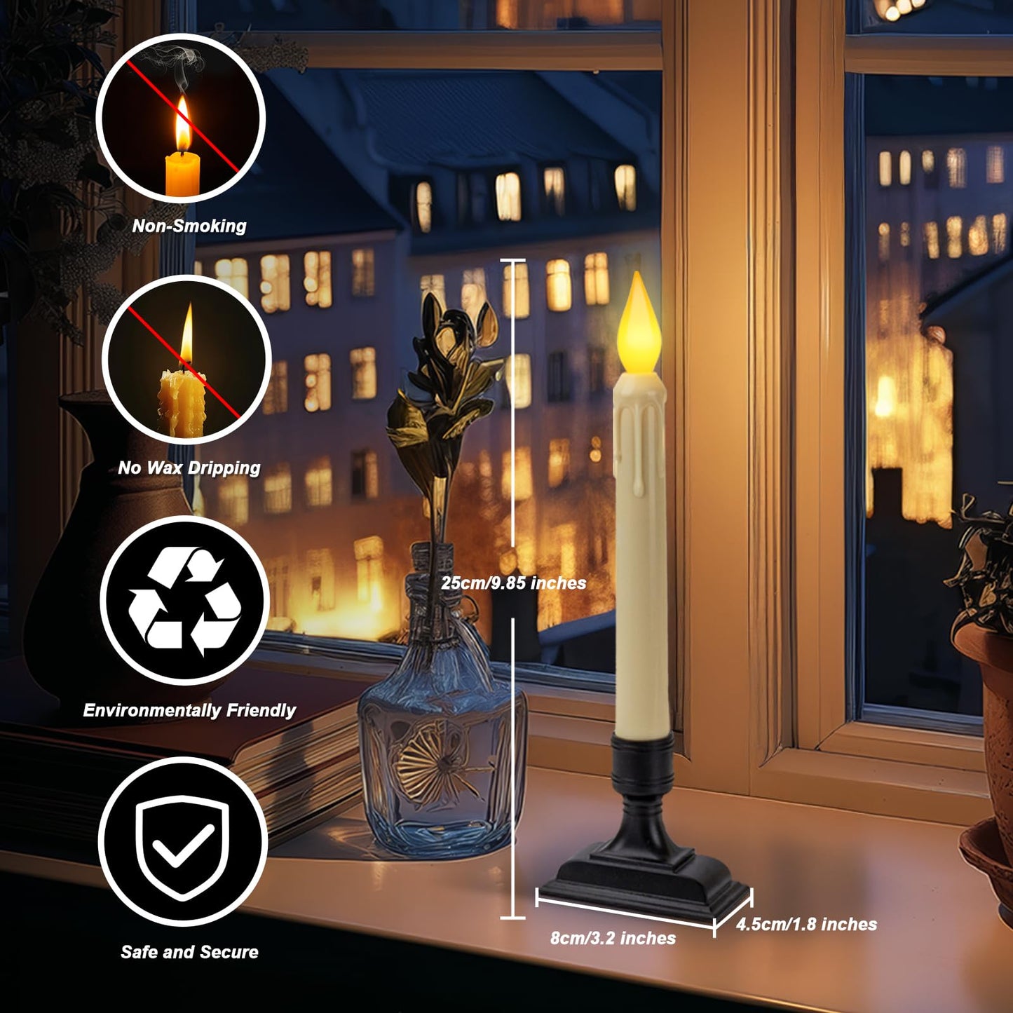 Meigic 6 Pcs Sensor Dawn to Dusk Window Candles, Flickering Battery Candles for Windows, Ultra Bright Fake Candle Lights with Black Holders, Led Candlesticks for Xmas Home Decor, Warm Yellow Light