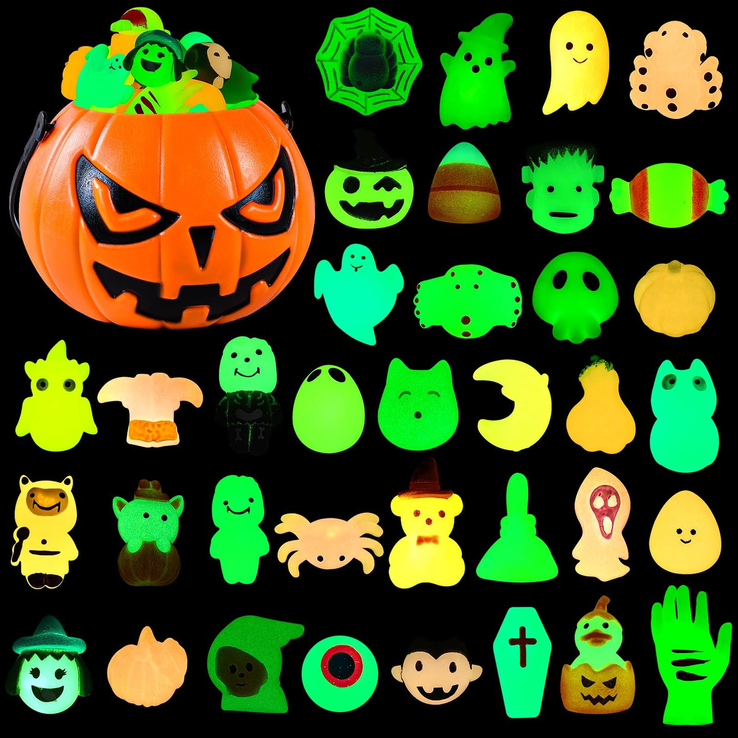 Vellibring 36 PCS Halloween Mochi Squishy Toys with Pumpkin Bucket, Kawaii Squishies Mini Stress Relief Toys Glow in The Dark for Halloween Party Favors Treat Goodie Bags Stuffers for Kids Girls Boys