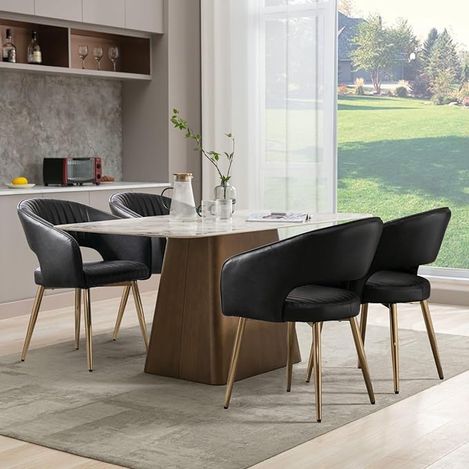 Faux Leather Dining Chairs Gold Legs, Modern Black PU Leather Dining Room Chairs with Arms Set of 4 Upholstered Accent Chair Armchair with Barrel Back for Kitchen Living Room