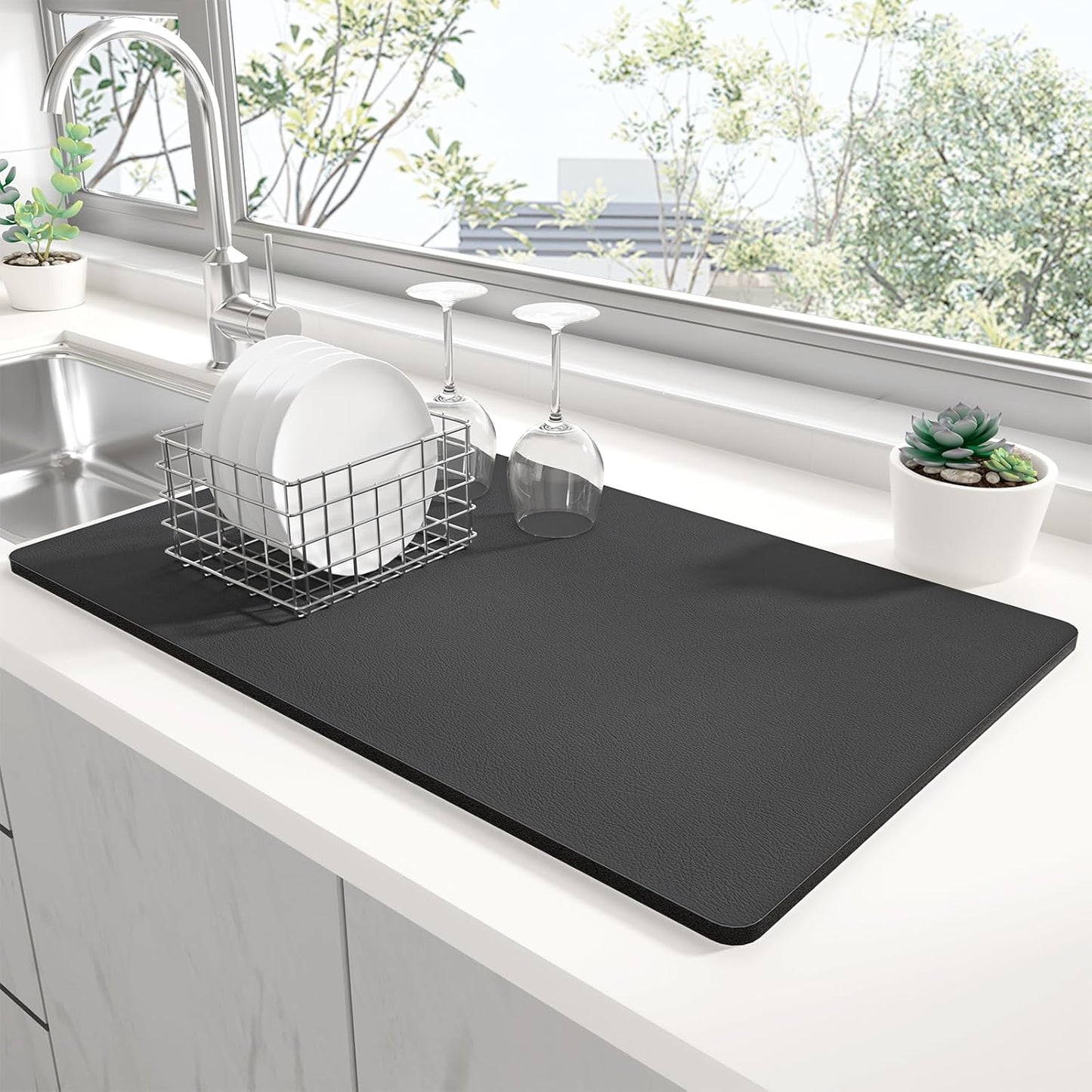 Rnivvi Dish Drying Mat for Kitchen Counter, 12 x 19" Super Absorbent Drainer Pad Easy Clean Dish Rack Pad, Non-Slip Heat Resistant Coffee Bar Mats for Coffee Machine Station Accessories Decor, Gray