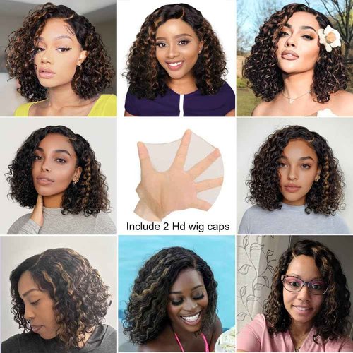 1B/30 Curly Bob Wig Human Hair 12 Inch Side Part Short Ombre Curly Wigs for Black Women Water Wave Lace Front Wigs Human Hair Glueless Wear and Go PrePlucked Pre Cut 4x4 HD Lace Closure Wig for Summer
