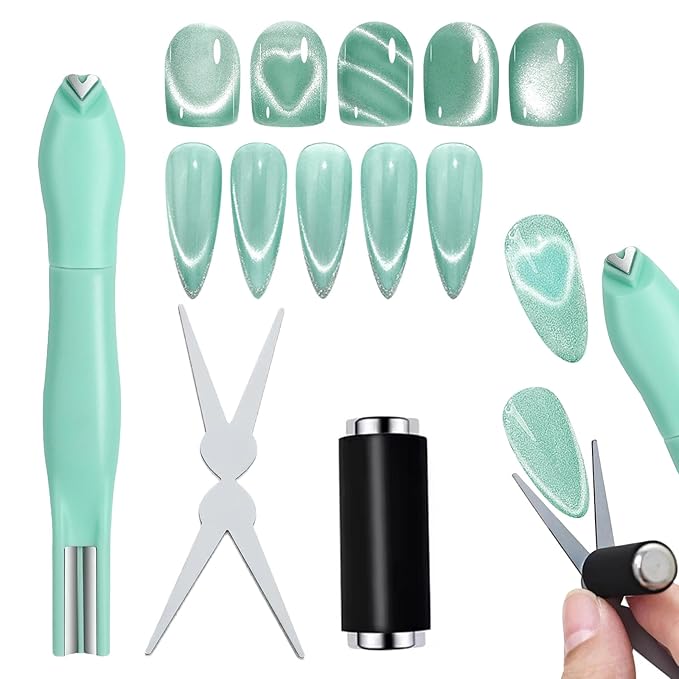 JERCLITY 1 Pieces Green Cat Eye Magnet for Nails 3 in 1 Heart Magnet for Cat Eye Gel Polish, Cylindrical Magnets with Scissor Shaped Tools for French Cat Eye Effect