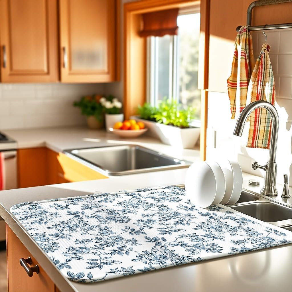 Floral Spring Small Dish Drying Mat for Kitchen Counter 16''x18''Microfiber Absorbent - Foldable, Quick-Dry, Non-Slip, Compact Plant Leaves Kitchen Drying Pad for Dishes, Countertops, and Cookware