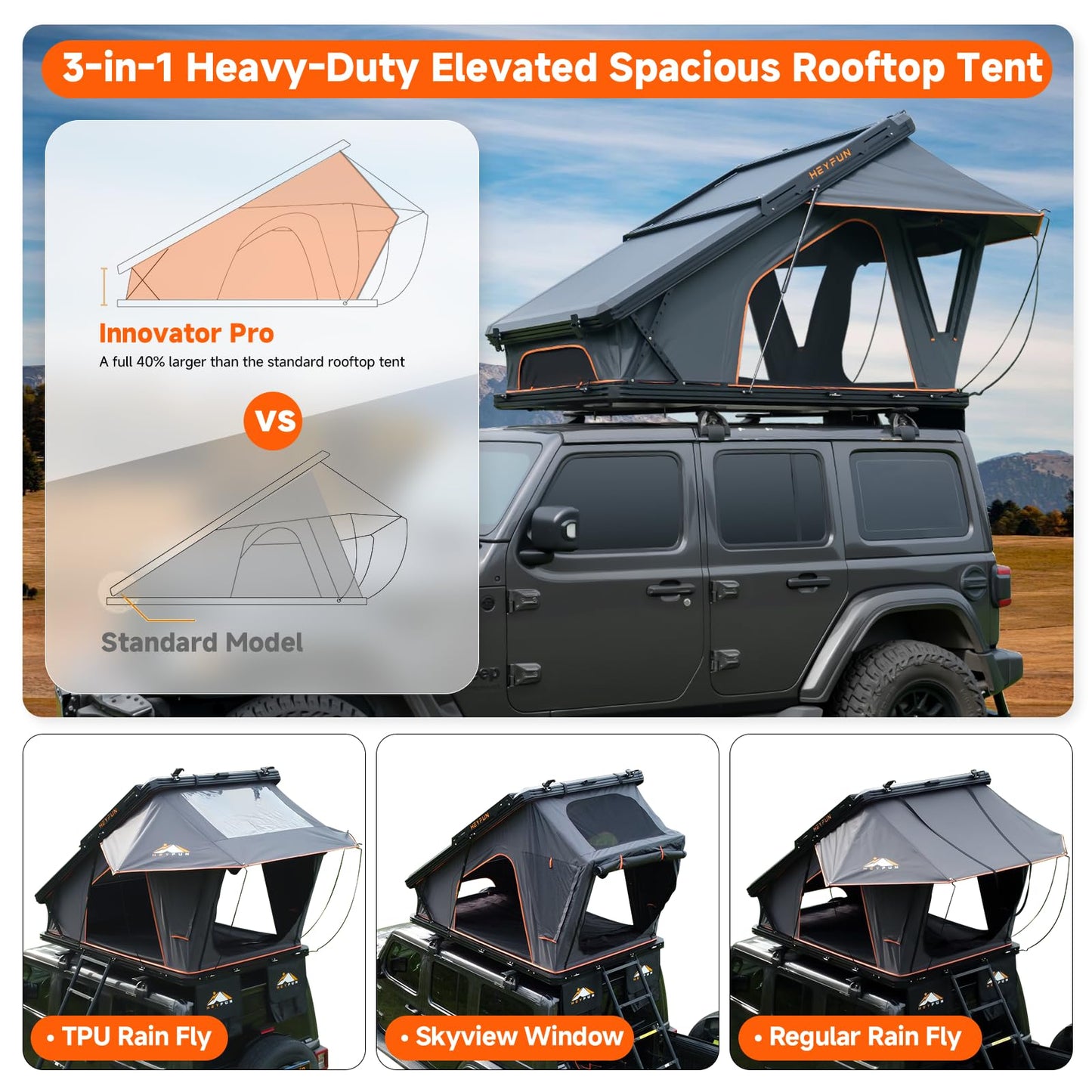 Innovator Pro Elevated Rooftop Tent Hard Shell with Skyview Window, Regular&TPU Rain Flies, USB Outlet, Luggage Racks&Full Circle LED Strip, Aluminum Pop Up Roof Top Tent for Truck Jeep SUV