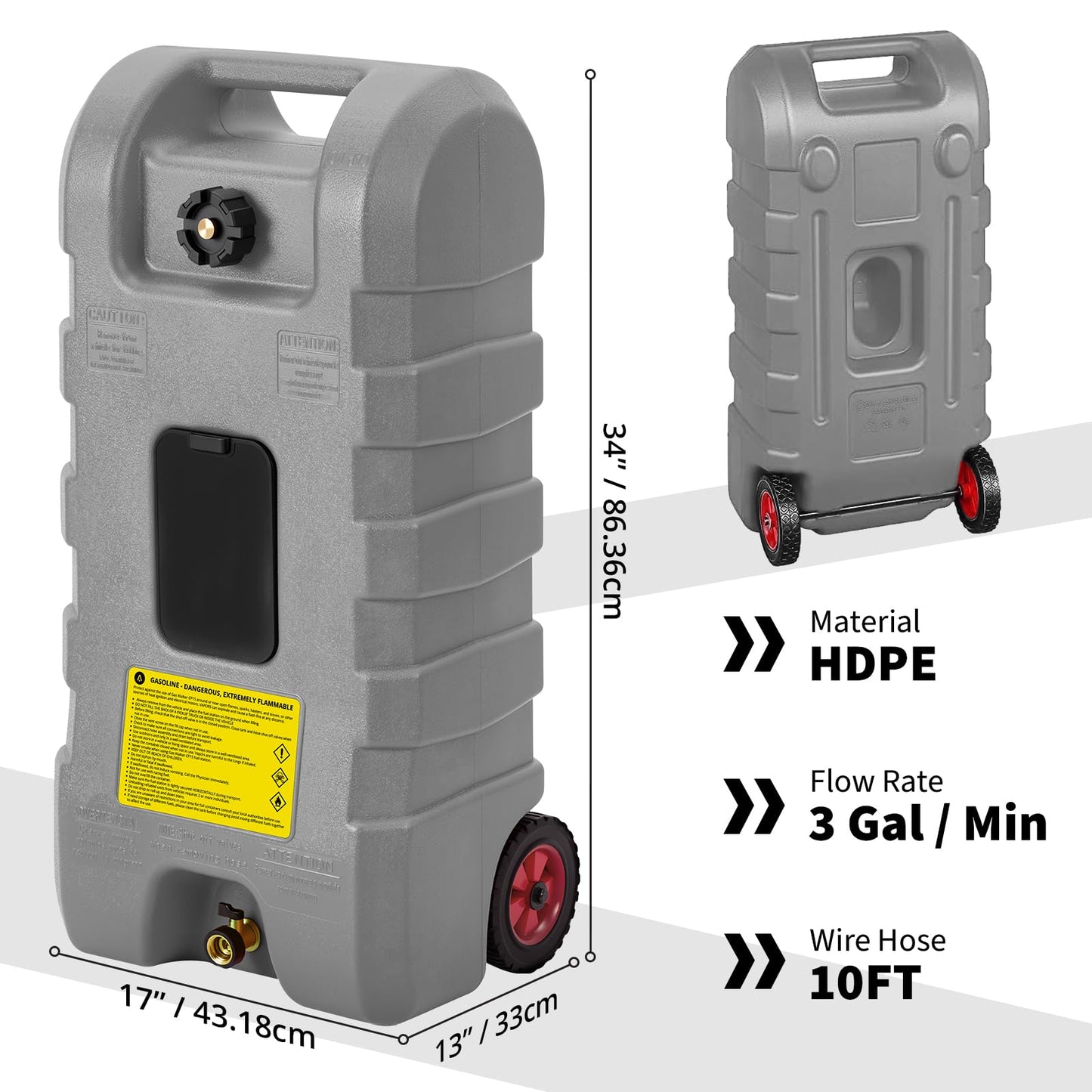 IDEALHOUSE 15 Gallon Gas Can on Wheels, Heavy Duty Portable Fuel Caddy with Manual Transfer Pump, 10 Foot Reinforced Hose, Rotating Nozzle, and Dual Shut-Off Valves, Ideal for Lawn Mowers, Cars, Boats