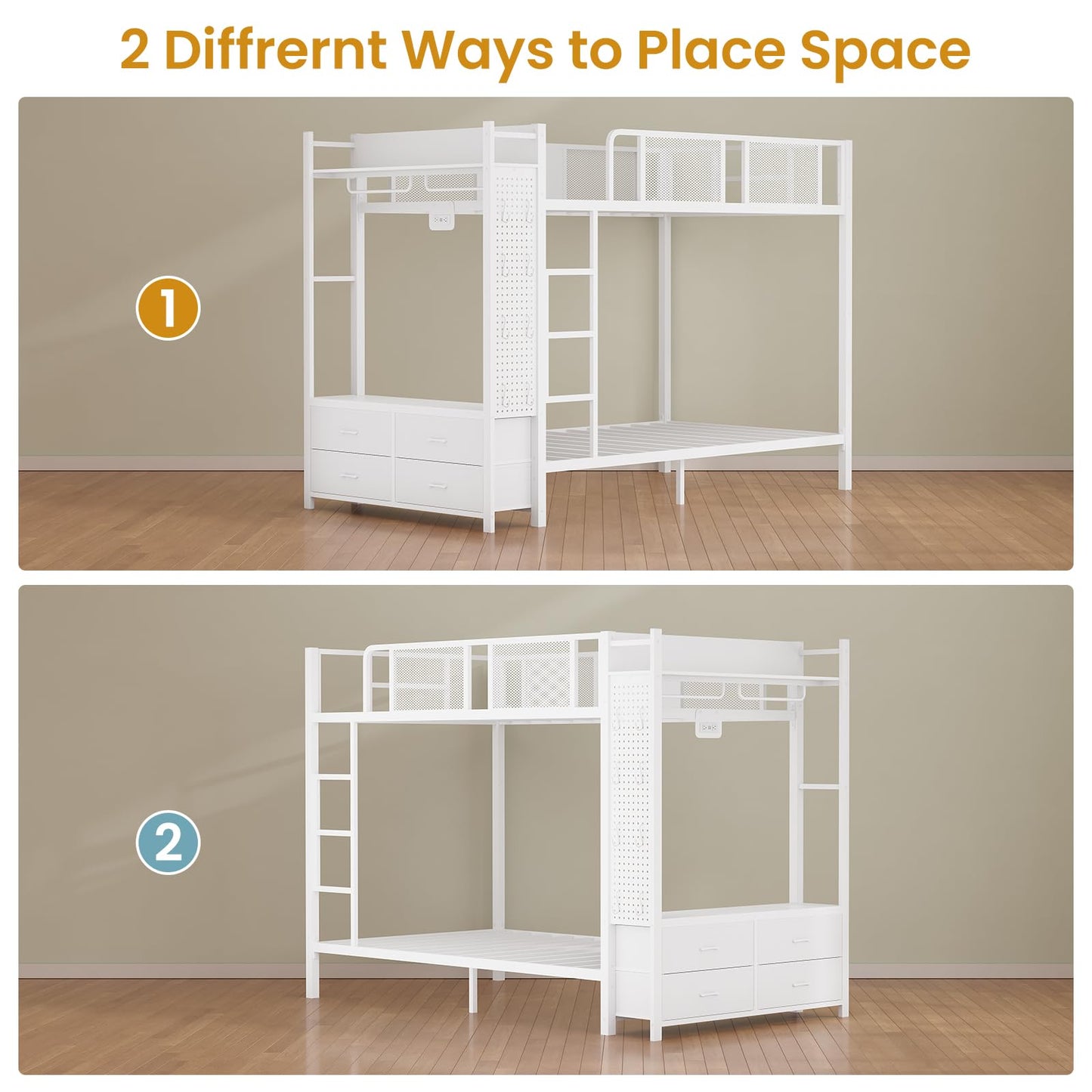 Itaar Metal Bunk Bed Twin Over Twin with Hall Tree, Power Outlet, LED Bunk Bed with 4 Storage Drawers, Bed with Safety Guardrail & Ladders, No Box Spring Needed, Easy Assembly, White