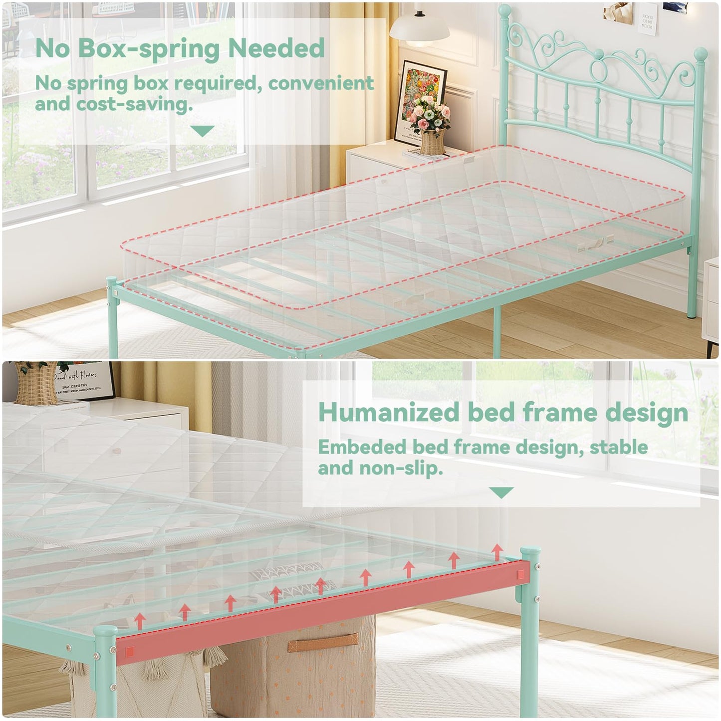 Merronix Twin Bed Frames with Headboard, Elegant Metal Bed Frame for Kids Girls, Modern Twin Size Platform Bed - No Box Spring Needed, 11.2 Inches Height Underbed Storage - Mint Green