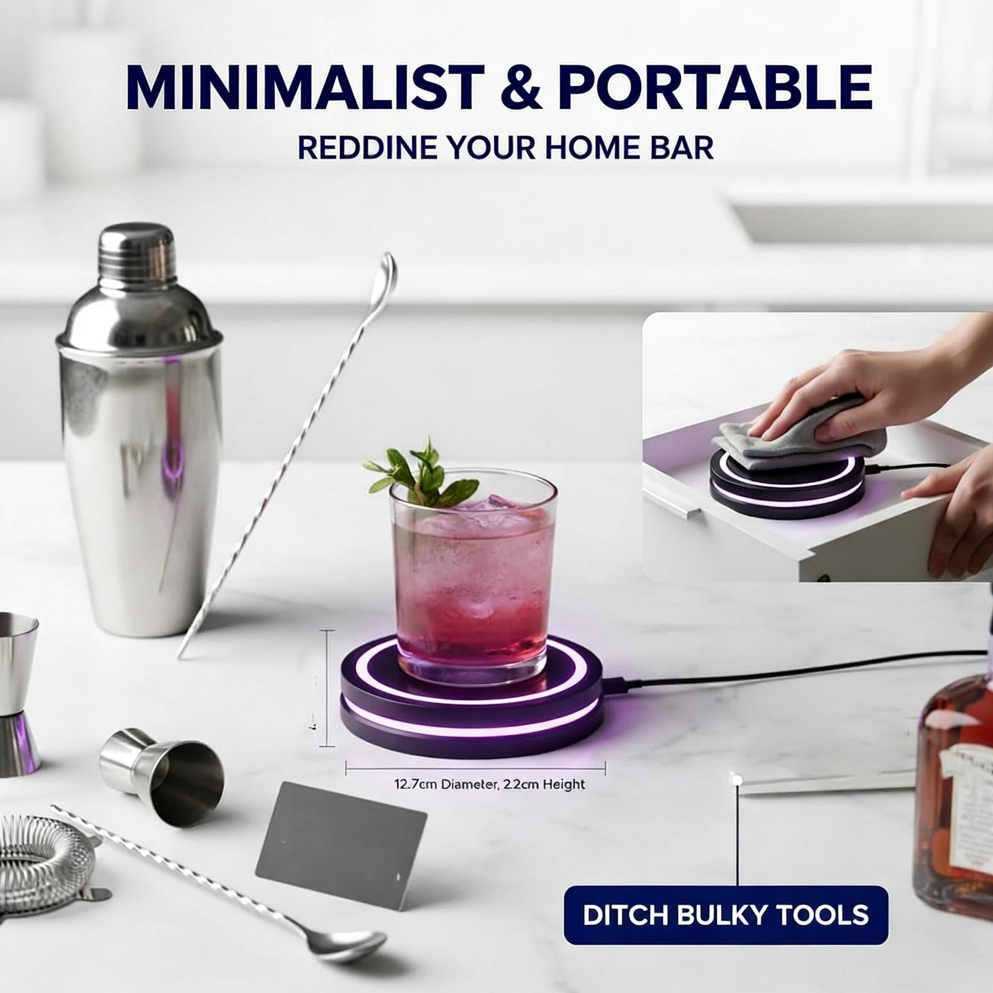 Smart coaster cocktail mixer 2.0 Machine,Portable Cocktail Maker Interactive Lighting with Built-in Smart Sensing Tech Easy to Clean & Carry Compact for Home Mat Bar Club Drink (1PC)