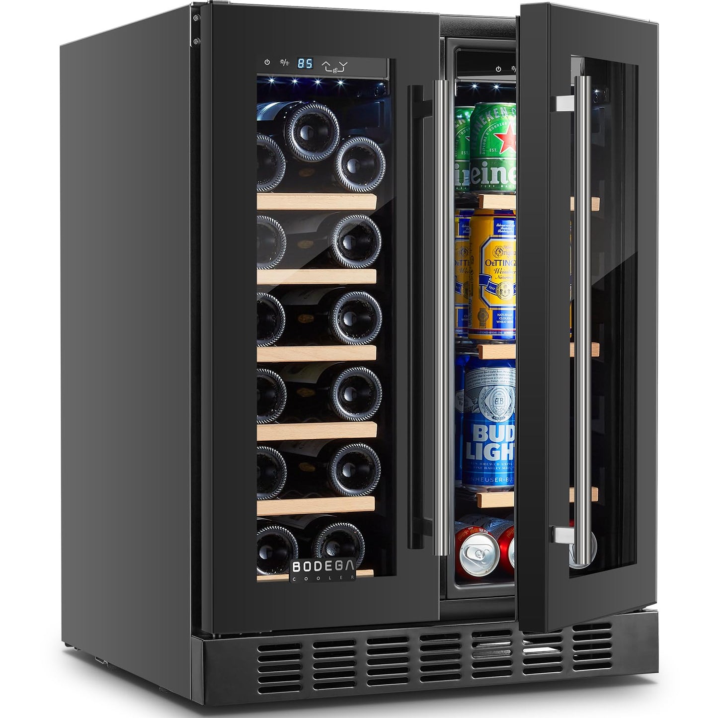 BODEGACOOLER 24 Inch Wine and Beverage Refrigerator Free Standing. Dual Zone Stainless Steel Wine Fridge under Counter, Drink Cooler for Beer, Soda, Champagne, Holds 41 Cans and 17 Bottles, Black