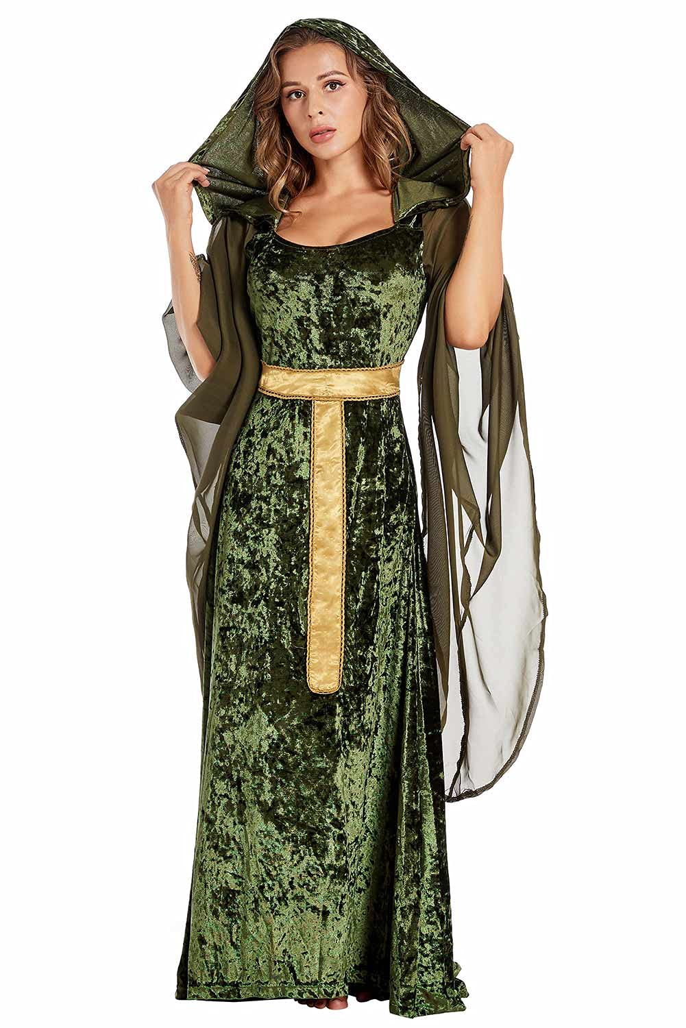Sinastar Womens Medieval Dress Costume Hooded Lace Up Renaissance Velvet (100% Polyester) Trumpet Sleeve Gothic Green Gown