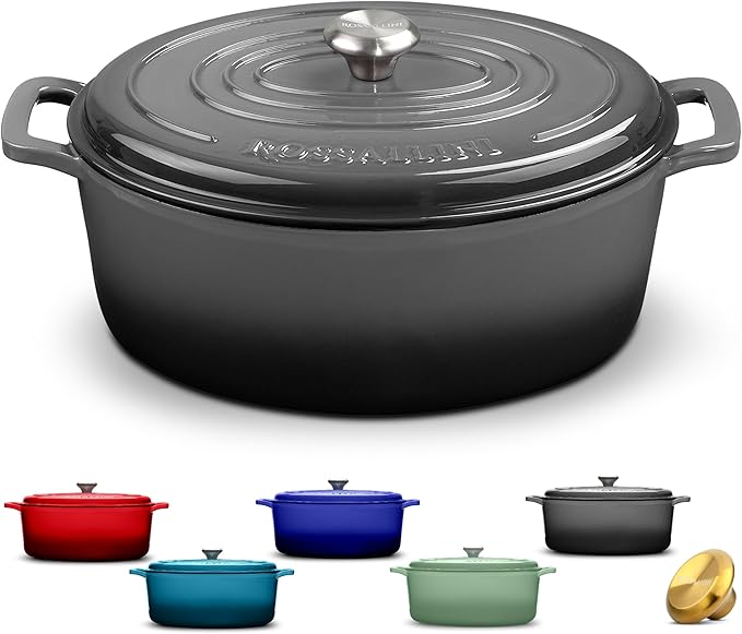 Signature Enameled Cast Iron Oval Dutch Oven | Non-Stick Serving Pot with Tight Fitting Lid for Perfect Roasting, Baking, Sauteing, and Bread Making | 9.5Q [Oyster Grey]