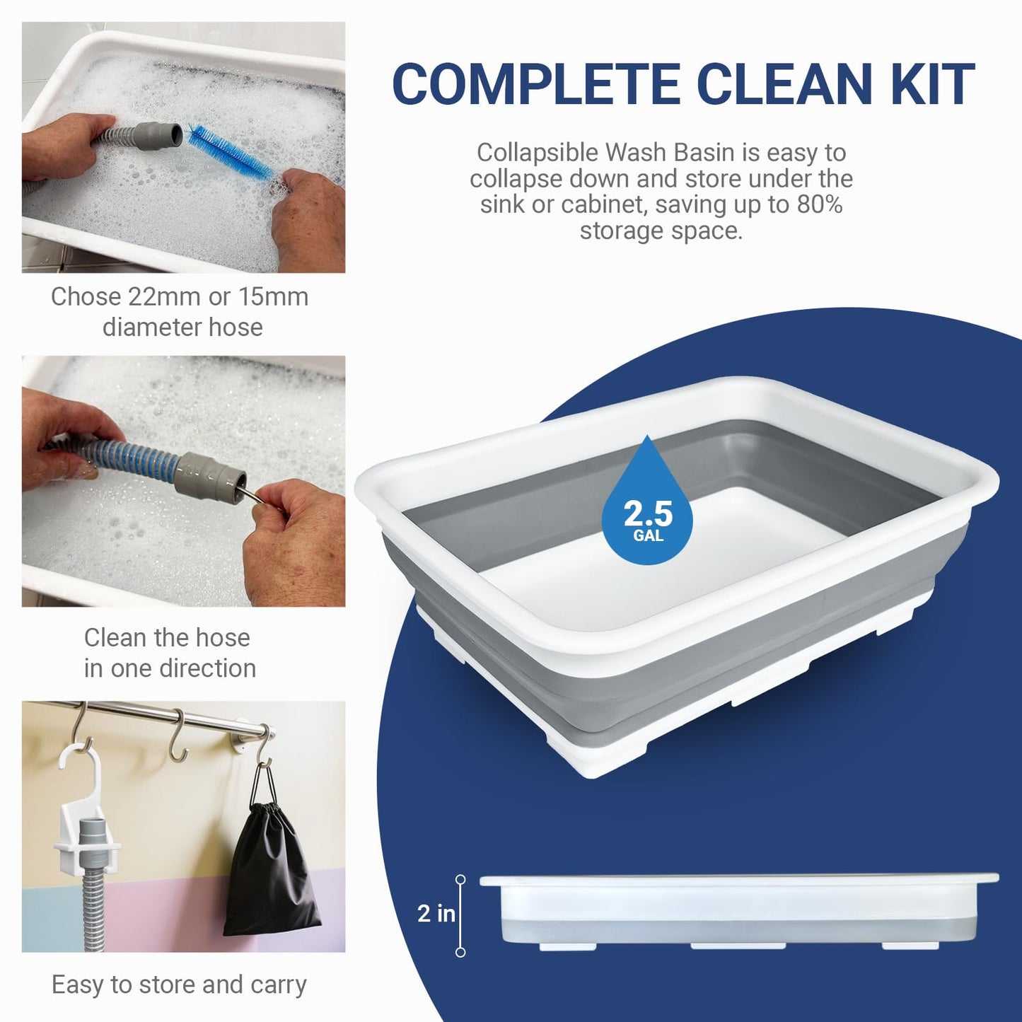 Nexonty 9 Pack CPAP Tube Cleaning Kit, Collapsible Wash Basin, CPAP Hose Holder, CPAP Tube Clips, CPAP Tubing Holder, Tube Cleaning Brush Fits for Standard15-22mm Diameter Tubing with Storage Bag