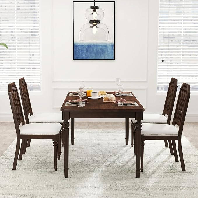 chairus Farmhouse Dining Chairs Set of 4, French Country Vintage Wooden Dining Room Chairs with Lattice Back & Turned Legs, Rustic Chenille Upholstered Nailhead Trim Side Kitchen Chairs, Walnut Brown