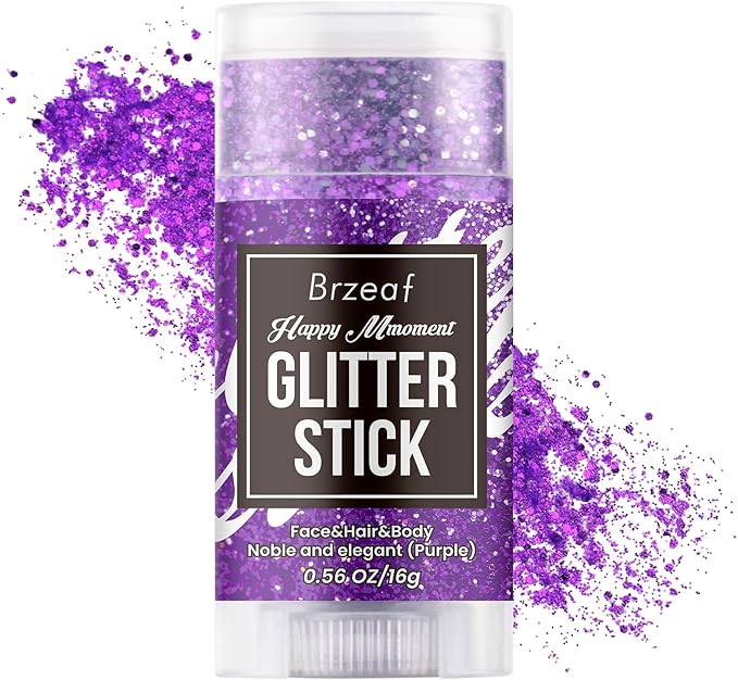 Brzeaf Purple Glitter Stick for Makeup, Not Greasy & Shimmery & Long Lasting, Chunky Glitter for Face/Body/Hair/Eyes, Sing...