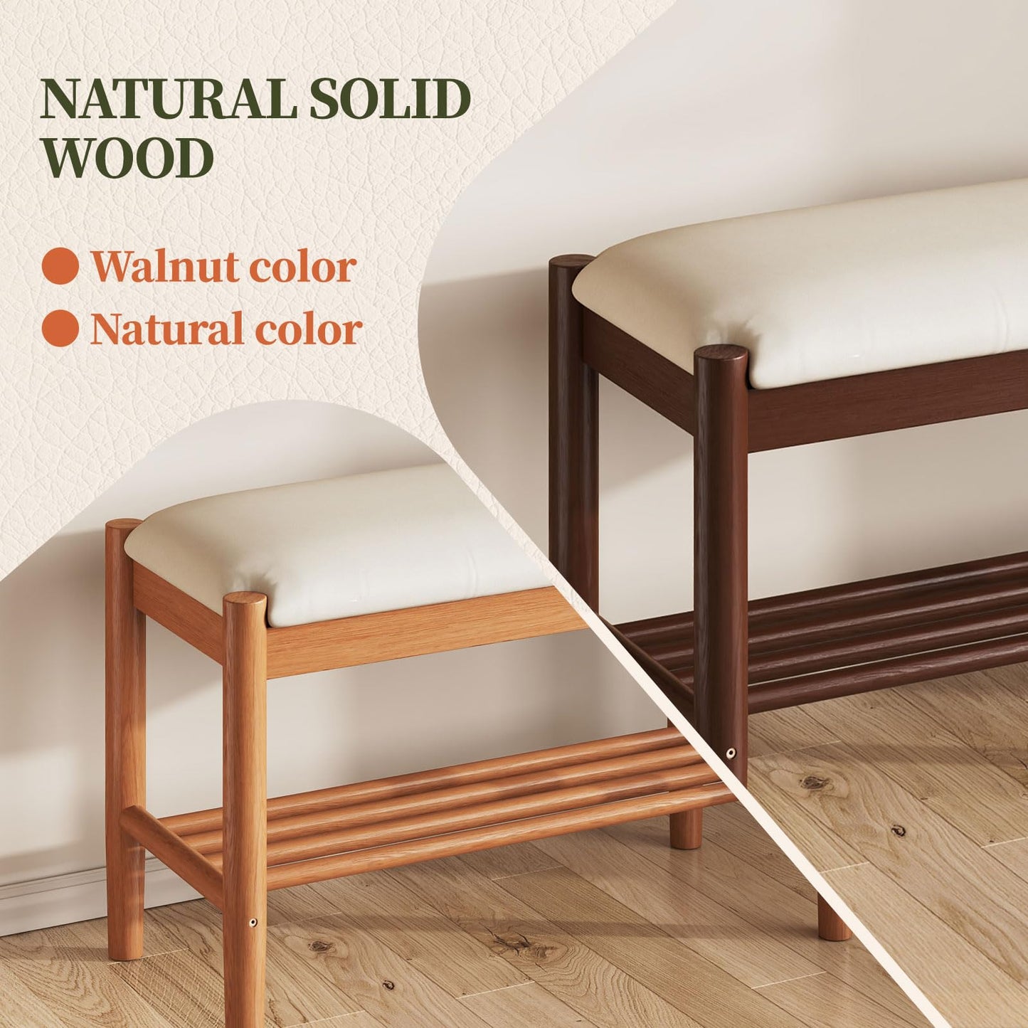 Buzleer Solid Wood Shoe Bench with Cushion, 2-Tier Shoe Rack for Front Door Entrance, Enterway Benches with Shoe Storage (Walnut, 31.5in)