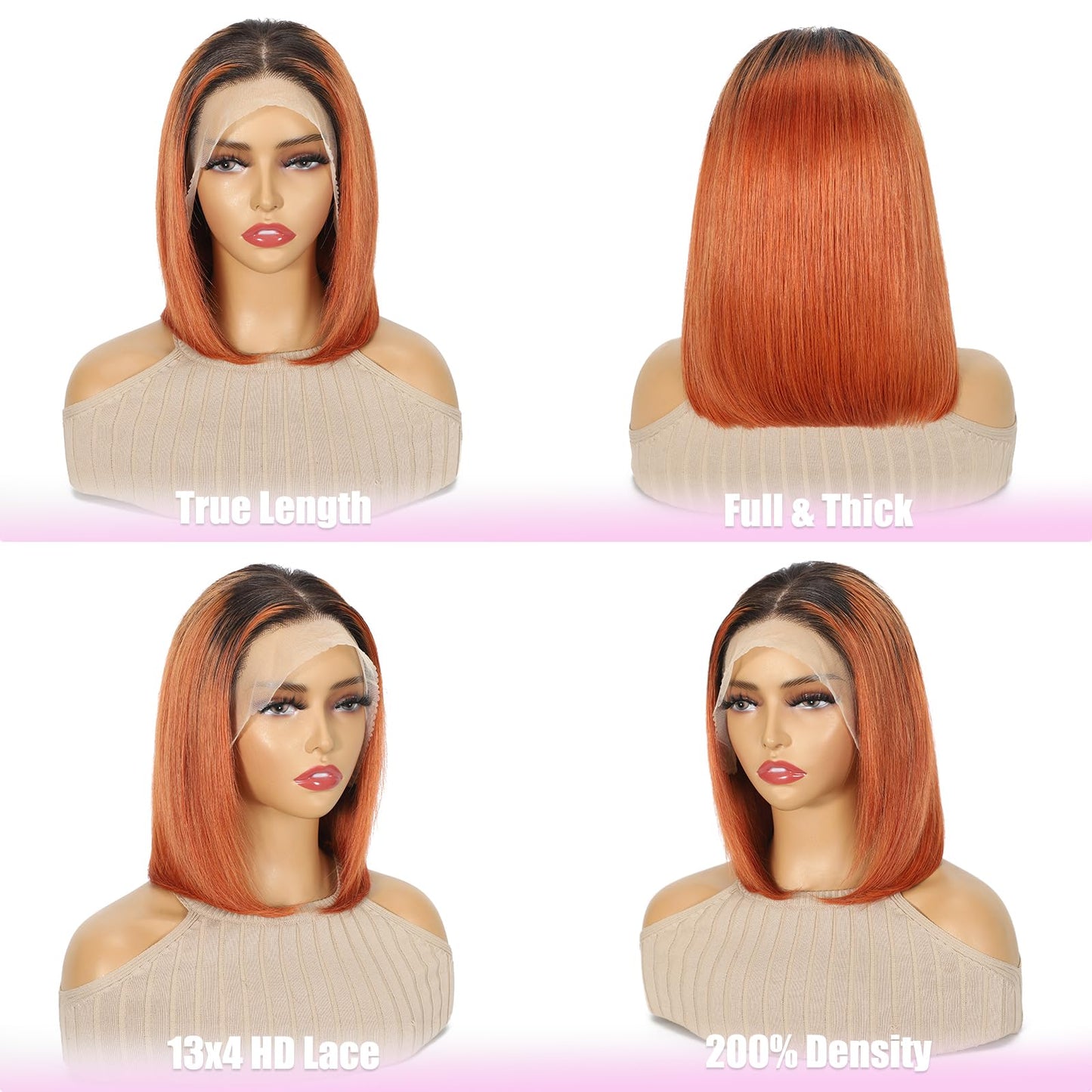 KULYMUWIG Ombre 1B/350 Ginger Bob Wigs Human Hair for Black Women 13x4 Lace Front Straight Bob Wigs 200% Density 12A Glueless Hu