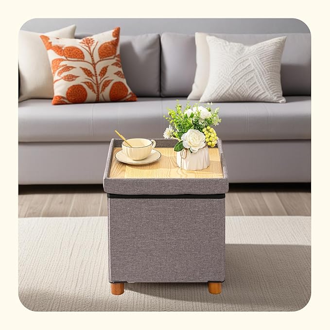 PINPLUS Storage Ottoman Cube, White Linen Footrest with Wooden Legs, Foldable Fabric Footrest, Comfortable Seat with Lid, Ottoman with Storage for Living Room, 15" x 15" x 15"，Grey