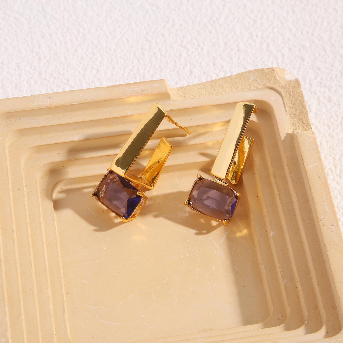 Atzeste 2025 Gold Earrings for Women, 18K Gold Plated Dangle Earrings for Women Unique Design, Trendy Purple Square Glass Drop Earrings for Fashion Jewelry Gifts