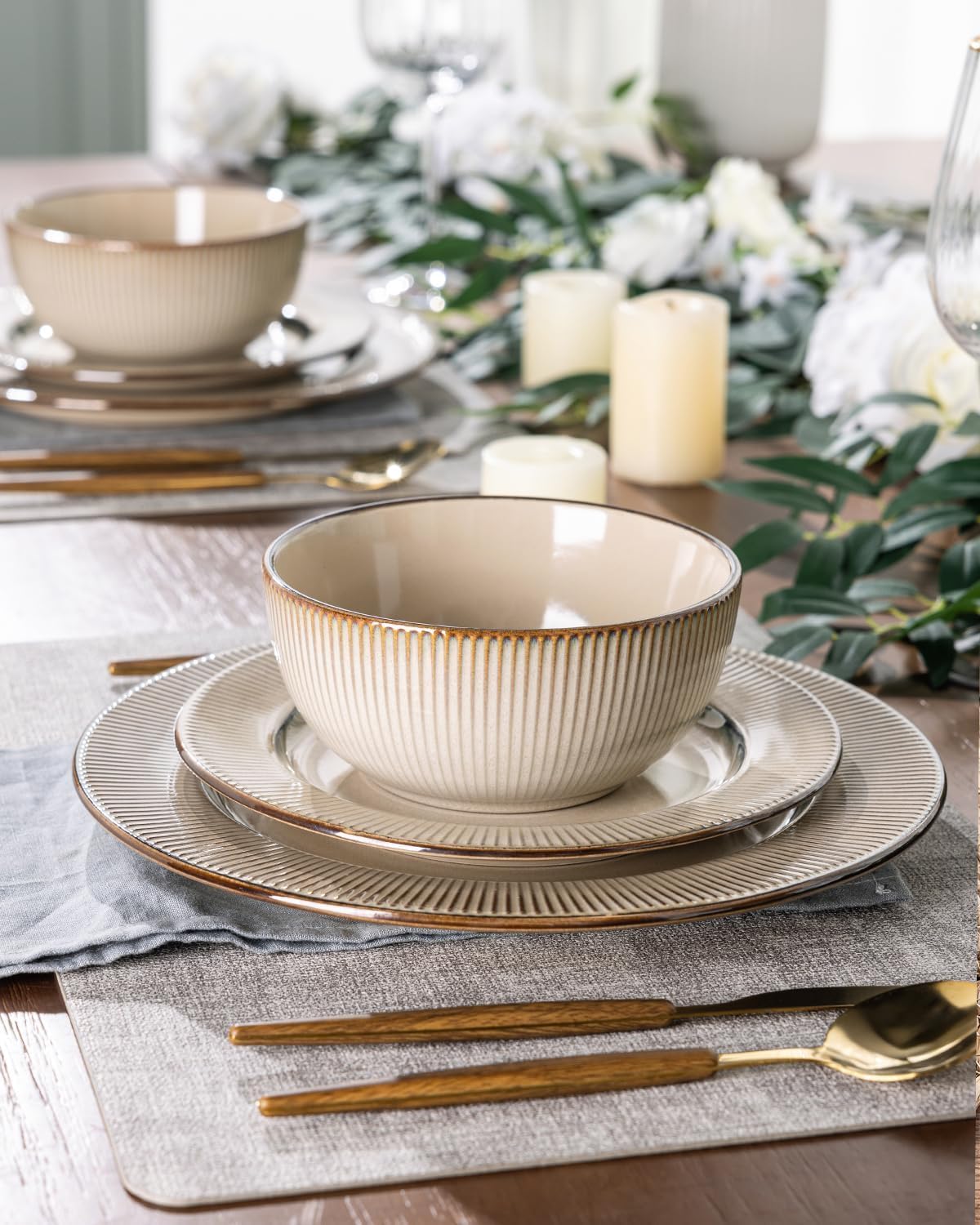 GBHOME Ceramic Dinnerware Sets, 18 Piece Embossed Elegant Stoneware Plates and Bowls Sets, Housewarming Wedding Gift | Dishwasher & Microwave Safe | Dishes Set Service for 6