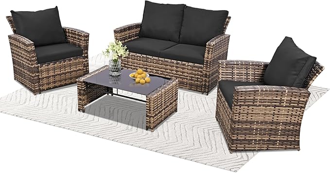 FHFO 4 Piece Outdoor Patio Furniture Set,Wicker Conversation Sets Outdoor Sectional Patio Sofa Couch with Cushions & Coffee Table for Outside, Garden, Balcony, Porch,Yellow/Black