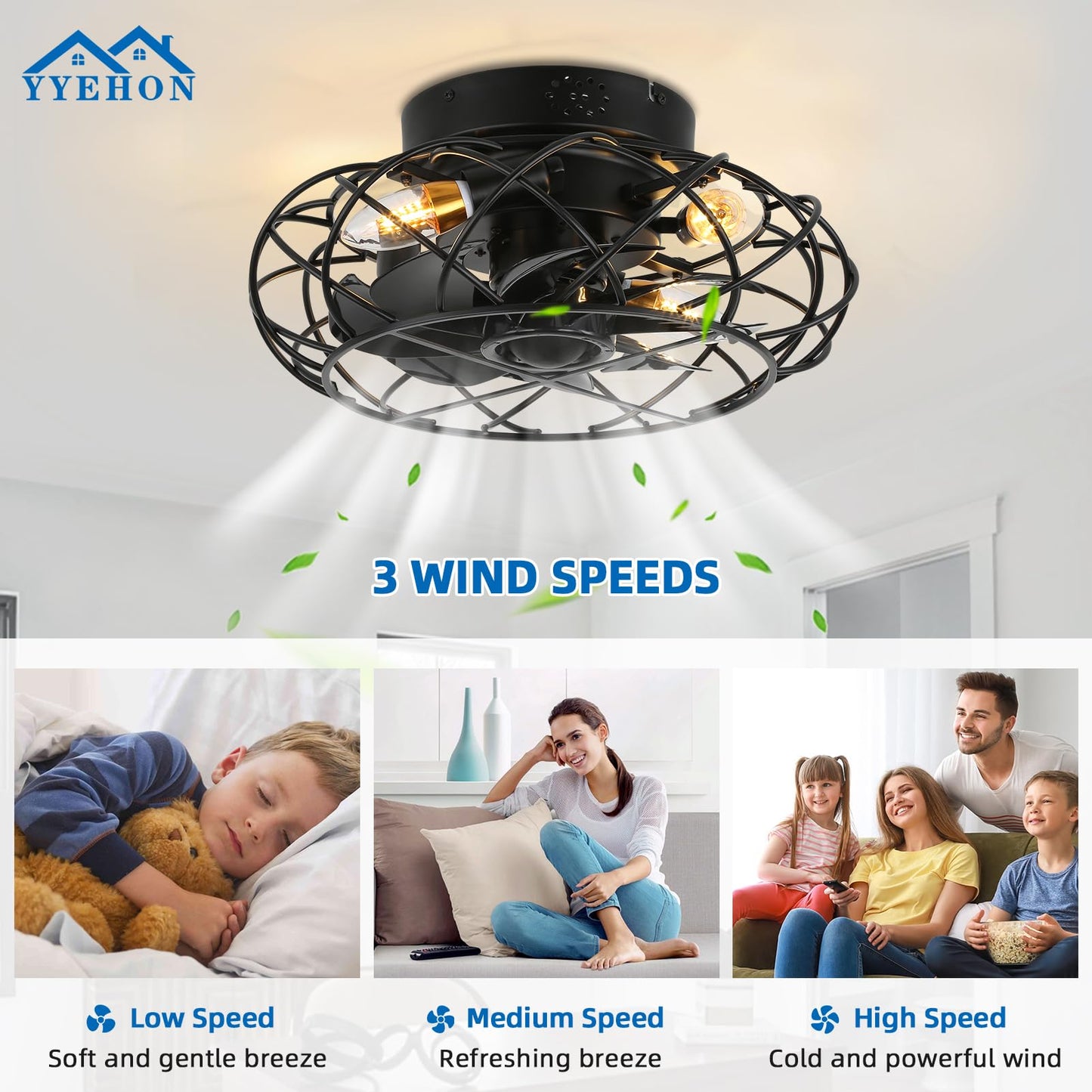 Yyehon Caged Ceiling Fan With Lights And Remote Control, Flush Mount Bladeless Chandelier Fan, 16.1 Low Profile Fandelier For Be