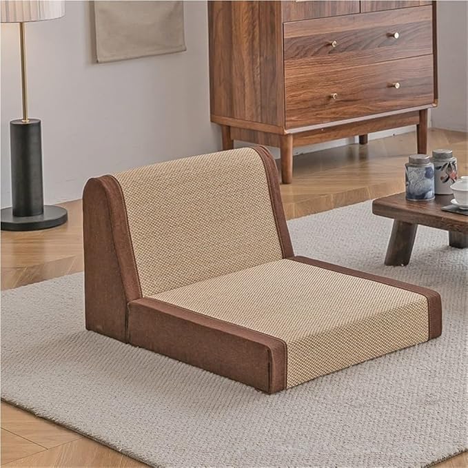 Vintage Floor Chair, Low Meditation Chair with Padded Backrest, Comfortable Ergonomic Lounge Seat, Bamboo Silk Legless Reading Chair for Balcony, Bay Window, Living Room & Bedroom(Natural,67*55*38cm)
