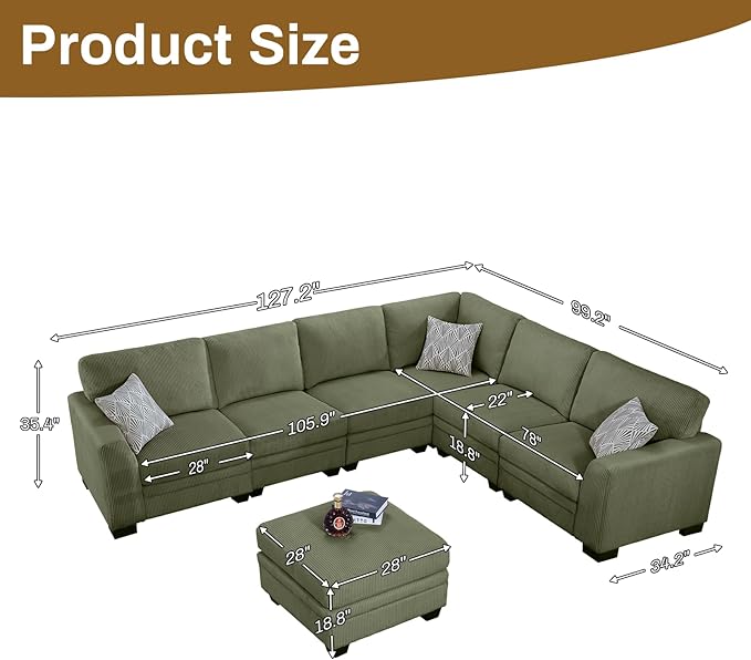 Legend Vansen Oversized Modular Sectional Sofa,7 Seat U Shaped Couch with Ottoman,Corduroy Sofa with Deep Seat,Convertible Large Sectional Couches for Living Room (Olive, L-7)