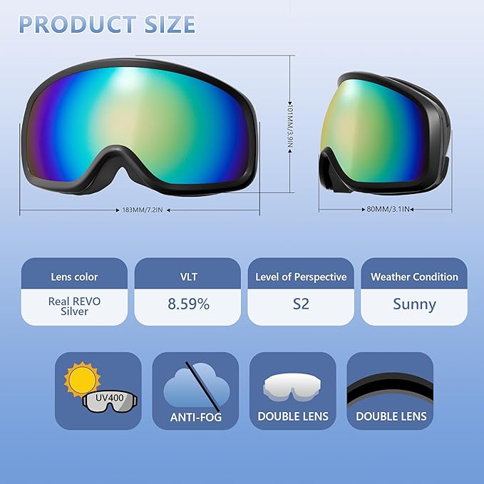 Ski Goggles for Men Women, OTG Snow Goggles, UV Protection Snowboard Goggles for Adult & Youth, Snowmobile, Sledding