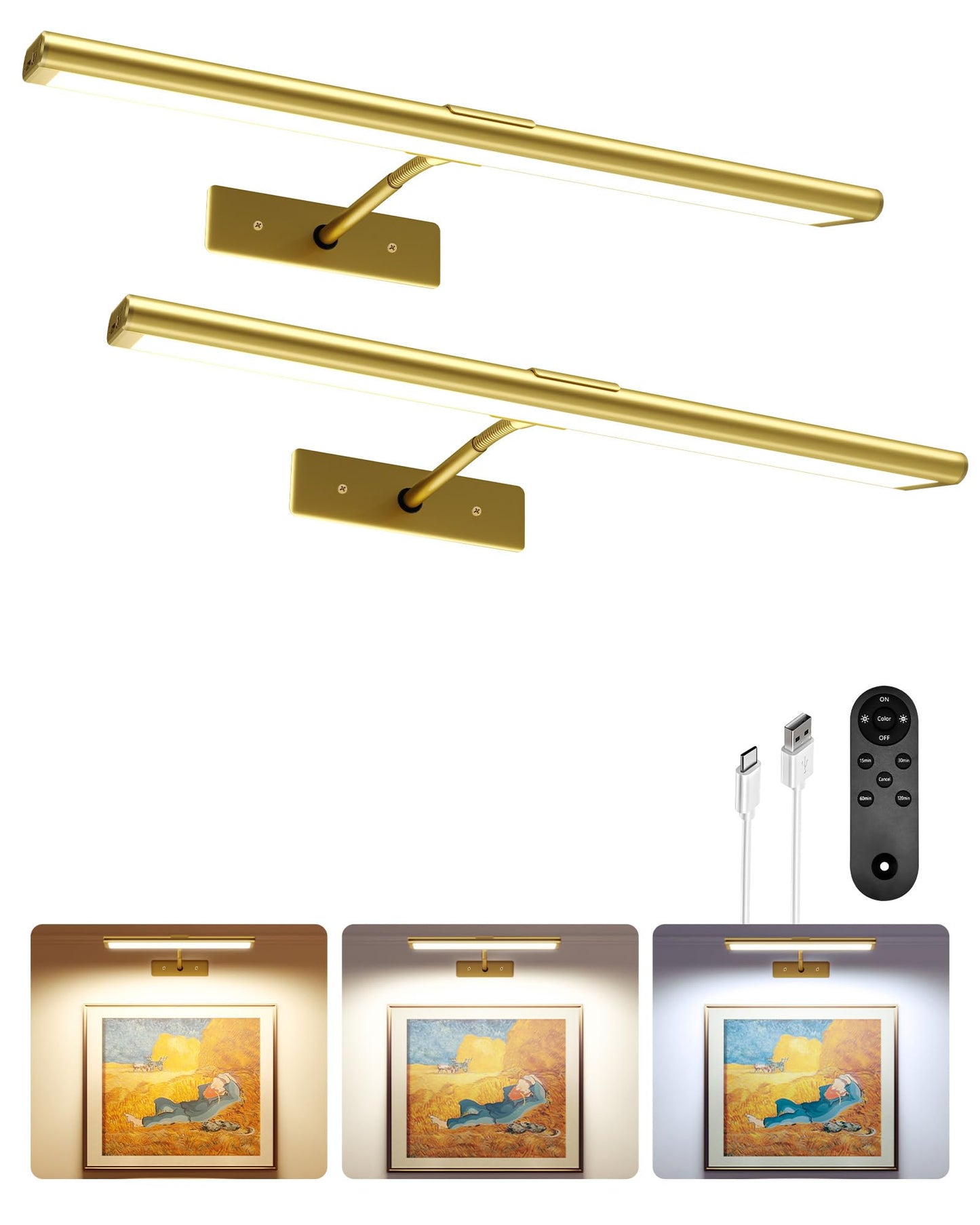 EZVALO Picture Light for Wall, 4800mAh Rechargeable Wireless Remote, Dimmable Magnetic LED Art Display Light with 3 Color Temperatures, for Gallery, Living Room, Bedroom, Hallway (Gold-2Pack)