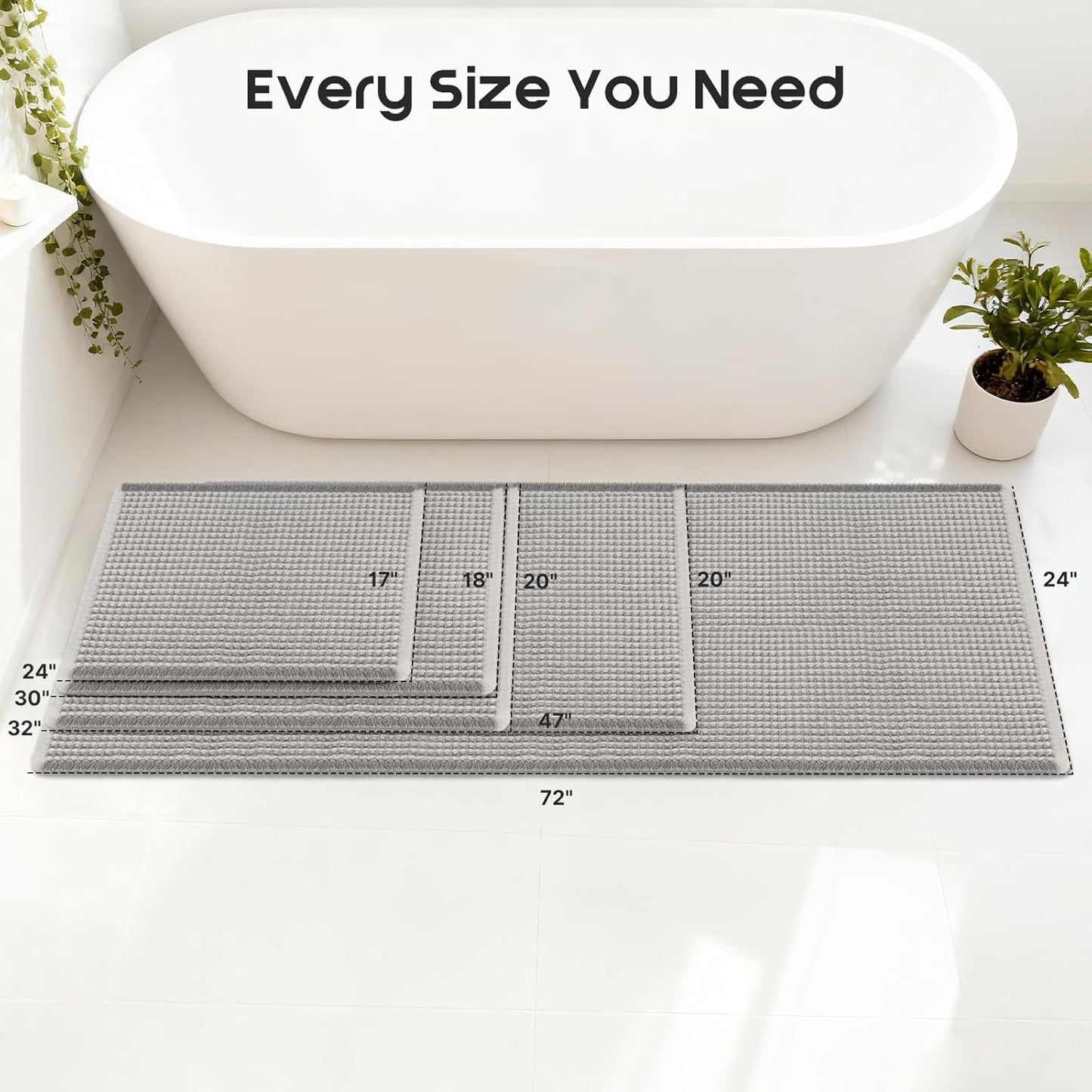 ArtyCozy Waffle Bath Mat Set of 2, Super Absorbent Soft Non-Slip Boho Bath Rugs with Flat-Woven Hot Glue Backing for Bathroom, Machine Washable Bath Mats, 20" × 32" Plus 17" × 24", Grey & White