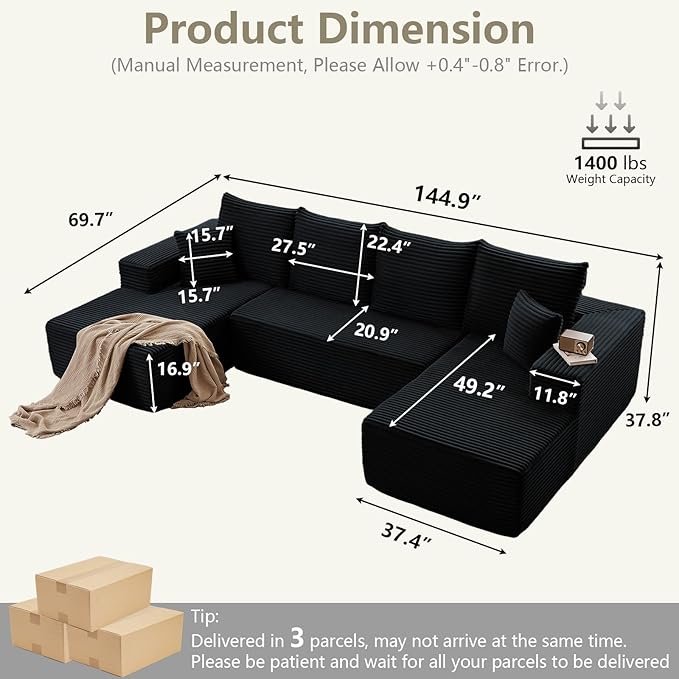 Sectional Cloud Couch for Living Room, Modular Floor Deep-Seat Sofa, Big Comfy Corduroy Couches Set with Fluffy Memory Foam, Stupendous U Shaped Sofas, No Assembly Required, Black