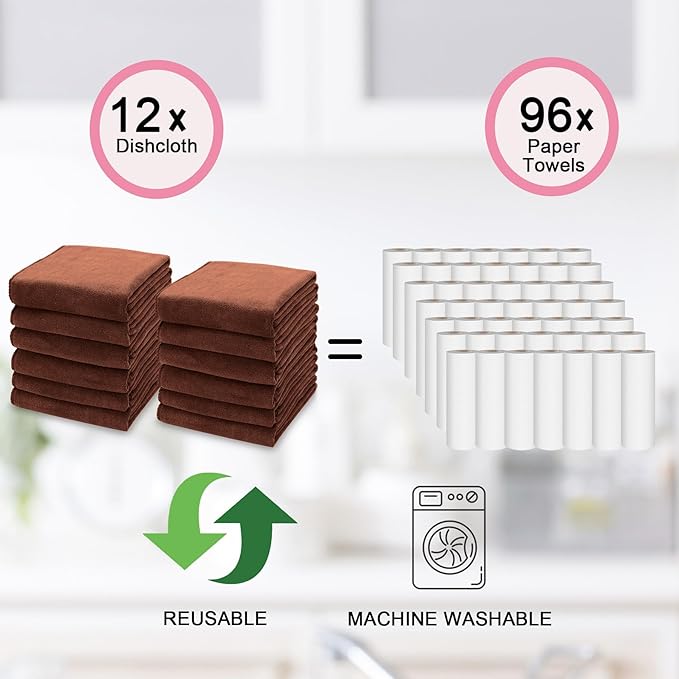 kimteny 13x28 Inches Kitchen Cloth Dish Towels, 400 GSM Premium Dishcloths, Super Absorbent Coral Velvet Microfiber Cleaning Cloths, Fast Drying Rags for Washing Dishes (12 Pack, Brown)