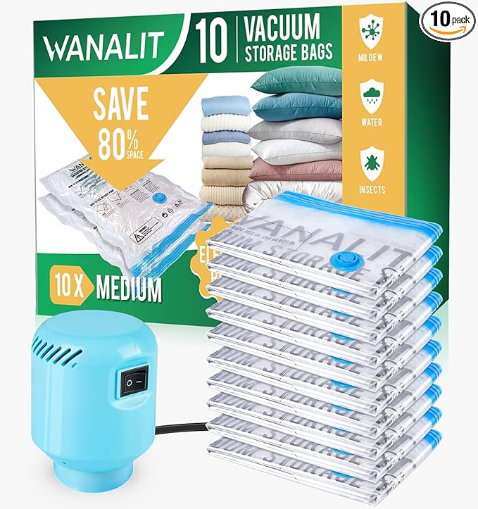 Vacuum Storage Bags with Electric Pump, 10 Pack Medium Size（28"x 18"） Reusable Compression Space Saving Bag for Clothes, Bedding, Mattress, Blankets, Pillows, Comforters, Travel