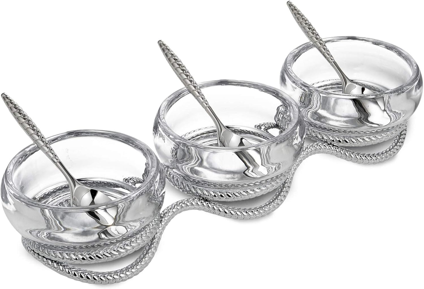 Nambe Braid Condiment Set with Spoons, Modern Scandinavian Glass Bowls on Braided Stainless Steel & Chrome Base - Decorative Serving Set for Sauces, Nuts, Appetizers & Snacks, Designed by Sean O’Hara