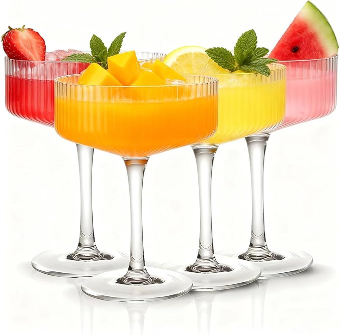 4 Pcs Ribbed Coupe Glasses, 10 oz Large Vintage Martini Glass Set, Unique Margarita Glass, Classic Cocktail Galssware, Rib...