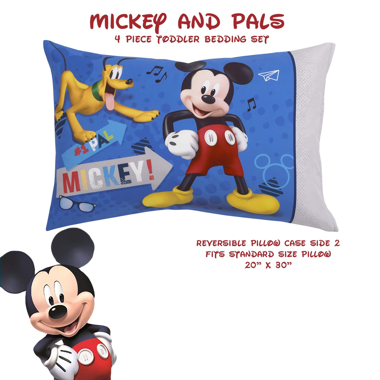 Disney Mickey Mouse Toddler Bed Set | 4 Piece Bedding Set | Fitted Sheet, Pillow Case, Top Sheet, and Comforter Quilt - Blue