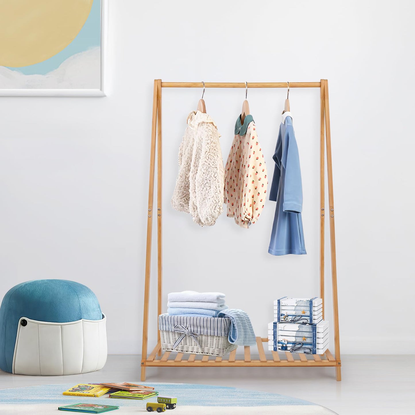 Jotsport Small Clothes Rack Kids Dress Up Storage for Playroom, Toddlers Bedroom, Bamboo Child Garment Rack with Storage Shelf, Kids Clothing Rack Costumes Organizer