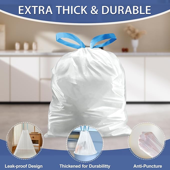 150 Count 1.2 Gallon Trash Bags Drawstring - Strong Mini Garbage Bags Unscented,4.5 Liter White Wastebasket Can Liners for Home Bathroom Office Car