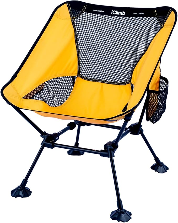 iClimb Ultralight Compact Camping Folding Beach Chair with Anti-Sinking Large Feet and Back Support Webbing (Yellow - Squa...