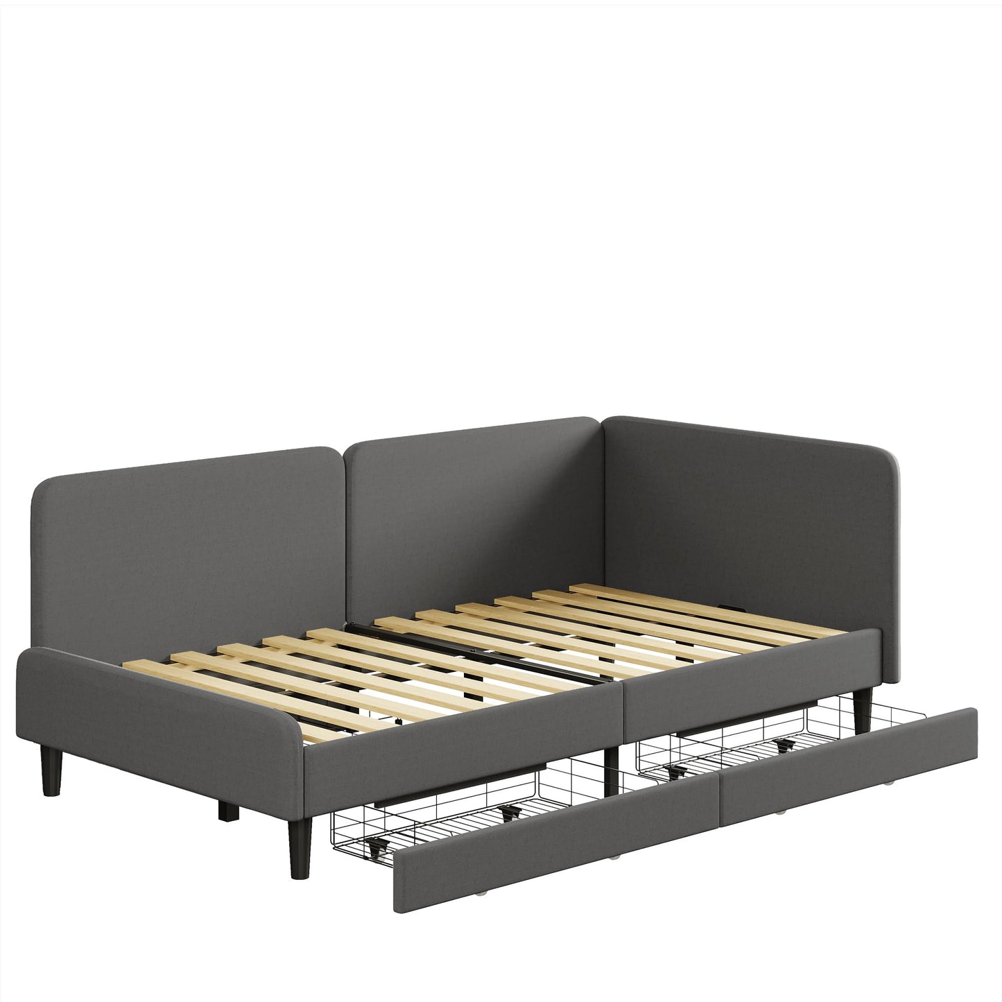LIKIMIO Twin Daybed with Headboard, Corner Bed Frame with Bed Rails and Storage Drawers, Solid Support, for Bedroom Guest Room, Dark Gray