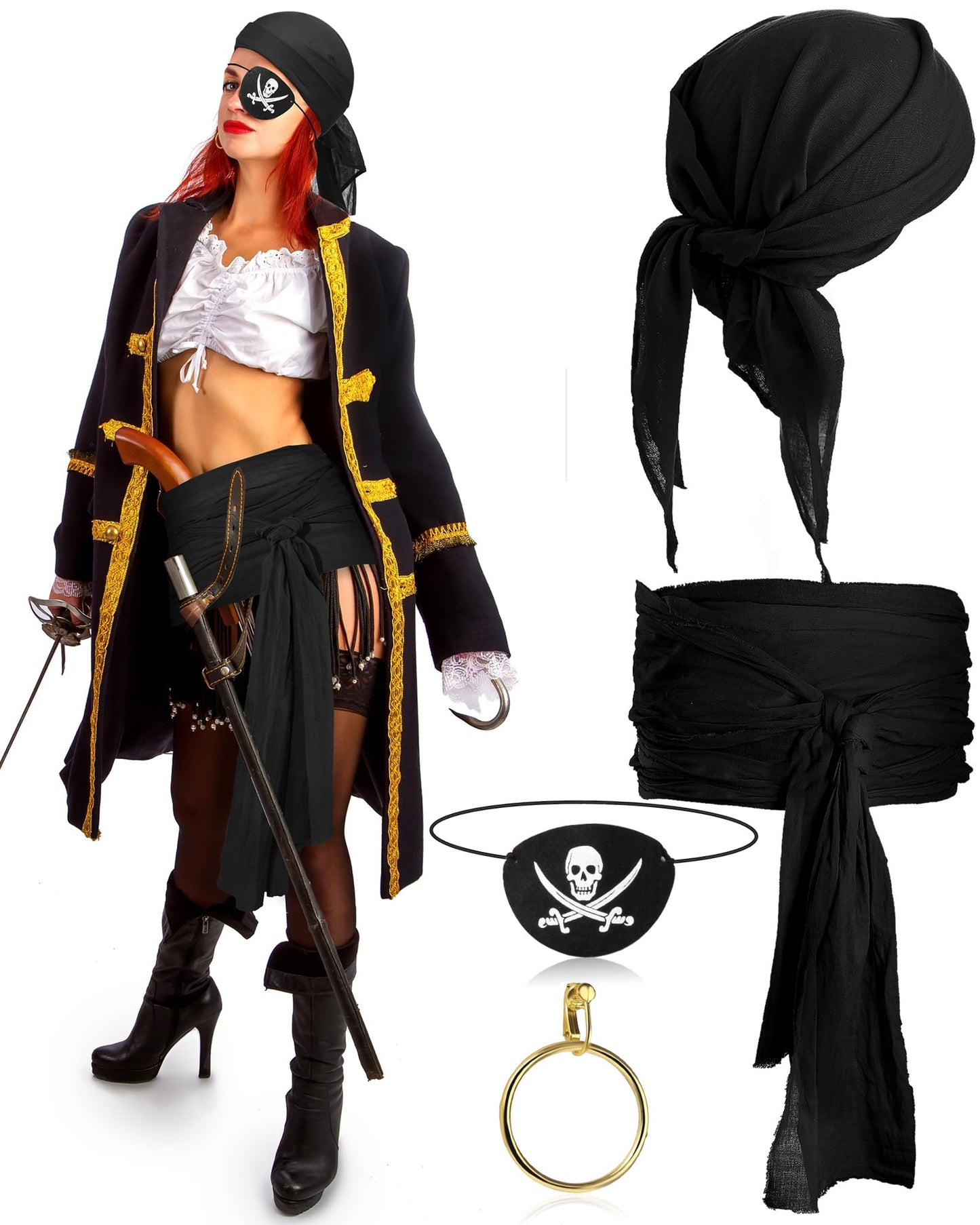 Didaey 5 Pcs Captain Pirate Costume Accessories Set Pirate Eye Patch Large Sash Headband Necklace Earring for Women Men(Black)
