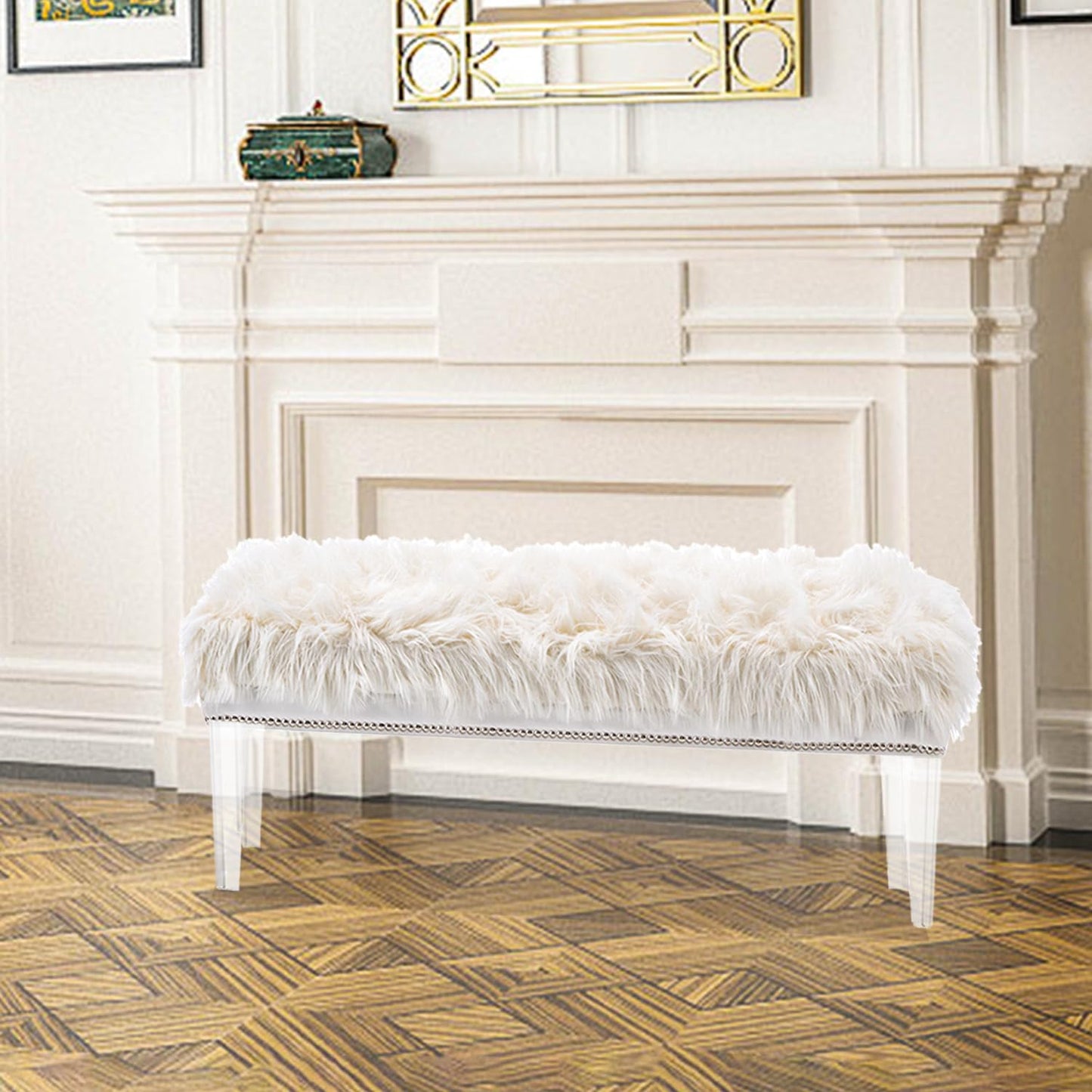 Deenziilix Entryway Ottoman Bench, Faux Fur Foot Rest Stool Shoe Bench, Upholstered Furry End of Bench, Ottoman Bench with Acrylic Legs for Bedroom, Makeup Room, Vanity or Bed End, Gift, White