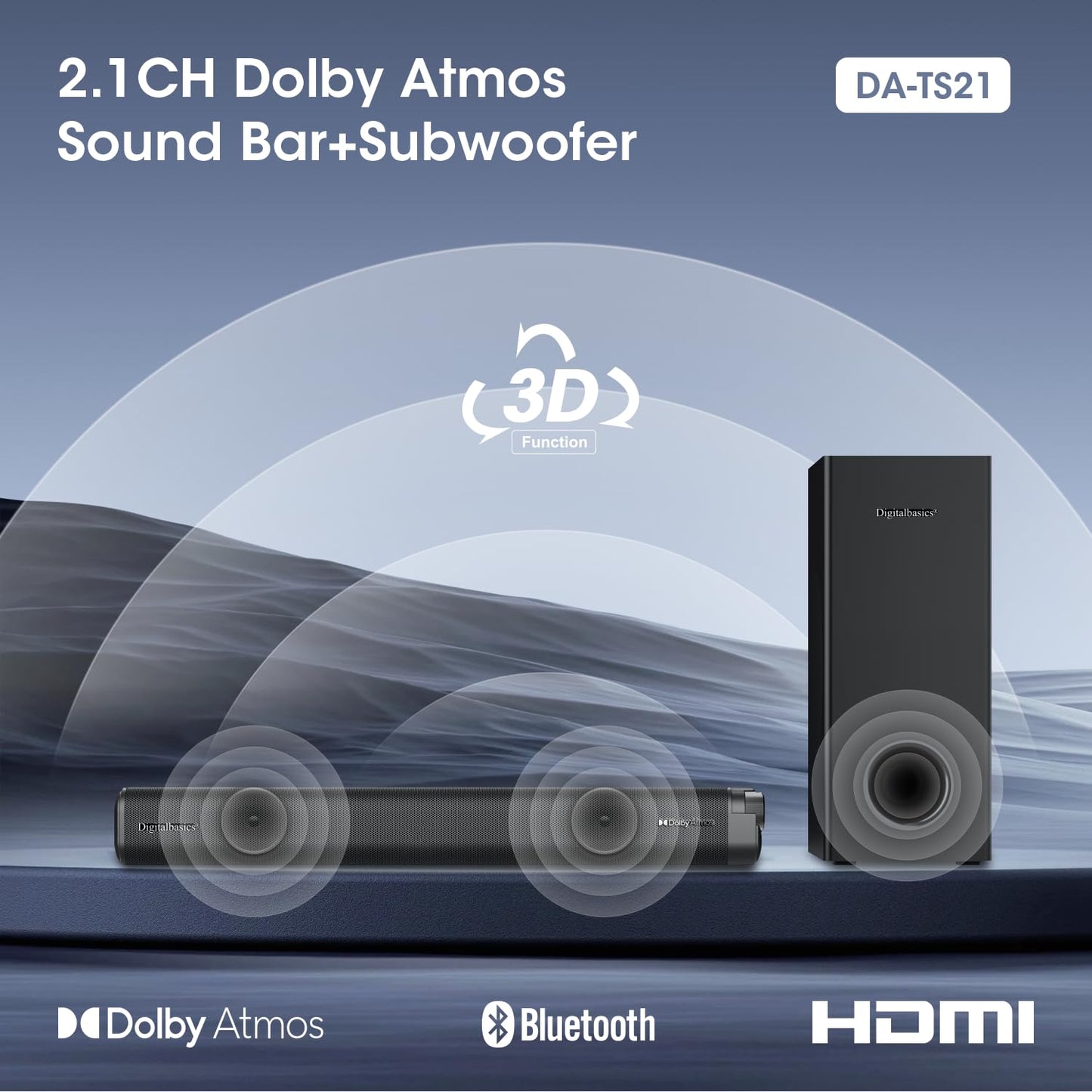Digitalbasics Dolby Atmos Soundbar for TV with Subwoofer, 120W Home Theater System for Football & Sports, 3D Surround Sound, Deep Bass, Bluetooth 5.3, HDMI ARC/Optical/AUX, Easy Setup