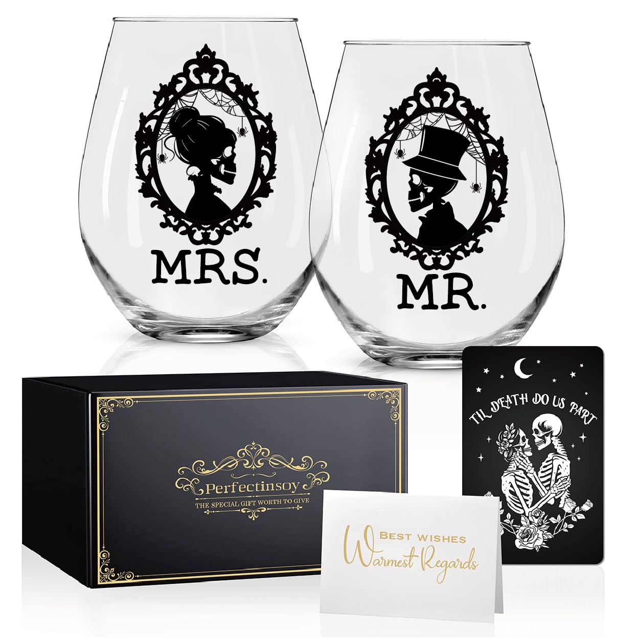 Perfectinsoy Skull Wine Glass 2 Piece with Gift Box, Zombie Design, Valentine's Day Autumn Halloween, Anniversary Wedding Gifts, Couple Gifts for Boyfriend and Girlfriend. (Mrs Mr Set of 2)