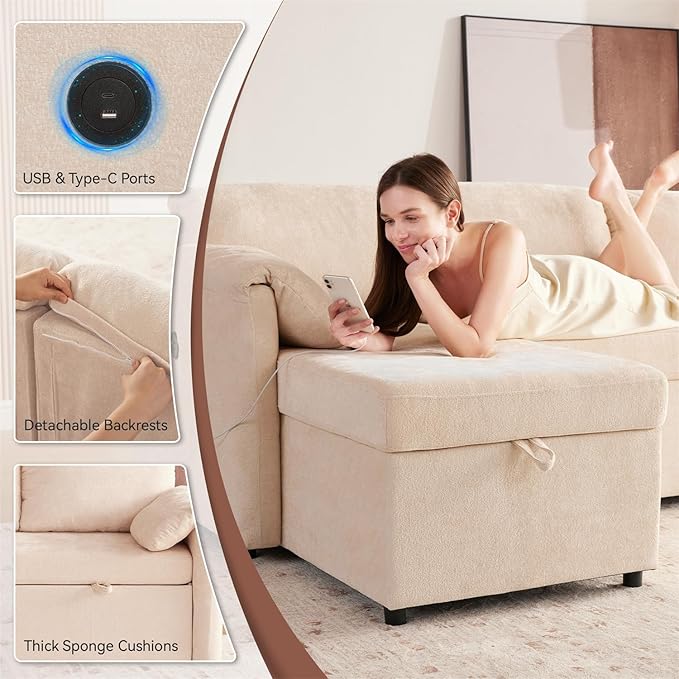 Tbfit 83'' 3 in 1 Sleeper Sofa Couch with USB & Storage Chaise, Cloud Sofa Bed with Pull Out Bed, Chenille Convertible Sleeper Sofas for Living Room, Small Spaces, Beige