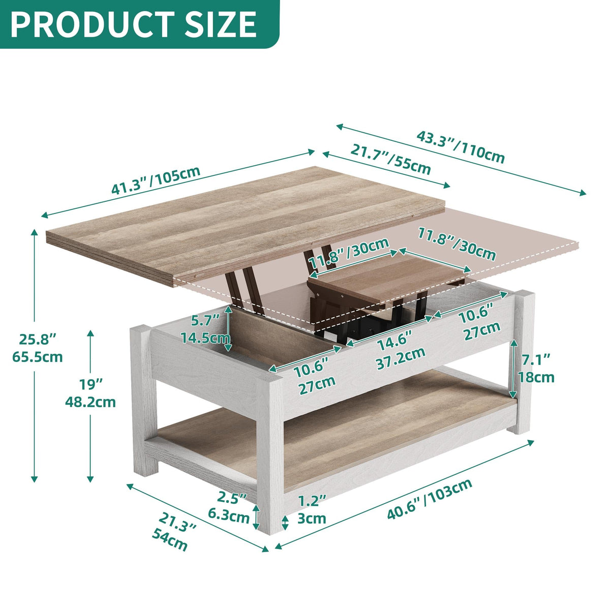 YITAHOME Lift Top Coffee Table for Living Room, 3 in 1 Multi-Function Coffee Tables with Storage, Farmhouse Rectangle Coffee Table Dining Table for Reception Room/Home Office, Grey Wash