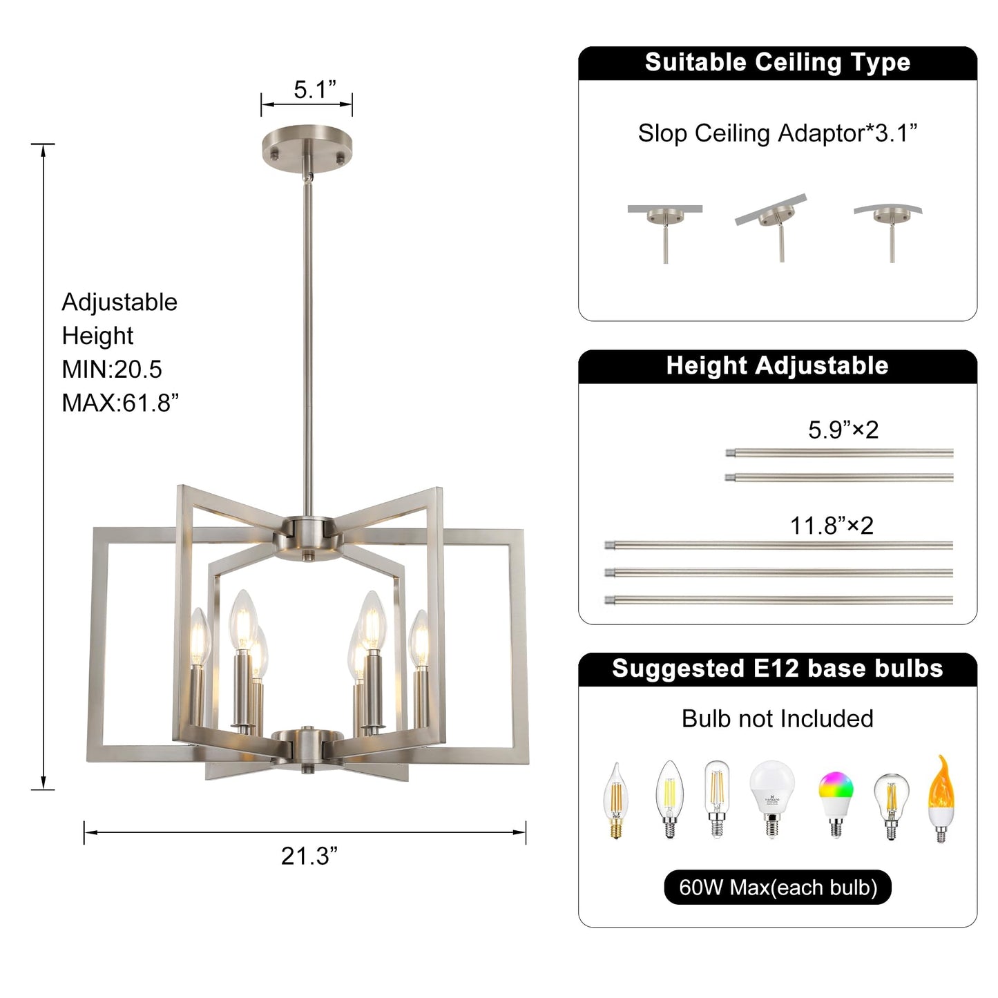 Sigaitwei 6-Light Modern Metal Geometric Chandelier，Kitchen Island Brushed Nickel Lighting Fixtures，Entryway Light Fixture Hanging Brushed Nickel，Farmhouse for Dining Room Chandelier